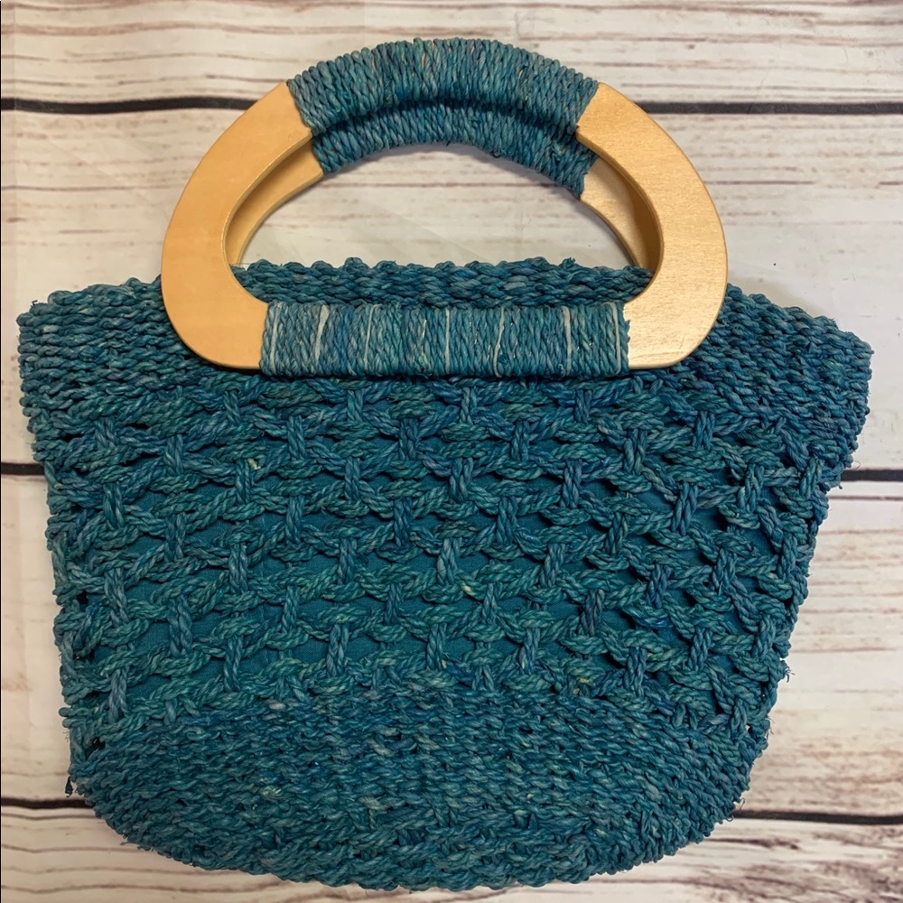 Teal Weaved Purse with Wooden Handles